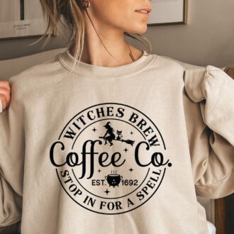 Witches Brew Funny Coffee Co Crewneck Sweatshirt, Halloween Pullover Sweater 0