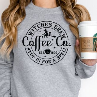 Witches Brew Funny Coffee Co Crewneck Sweatshirt, Halloween Pullover Sweater 1