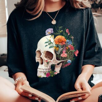 Anatomical Brain T shirt, Women's Floral Skull Nurse Shirt, Gothic Skeleton Design 0