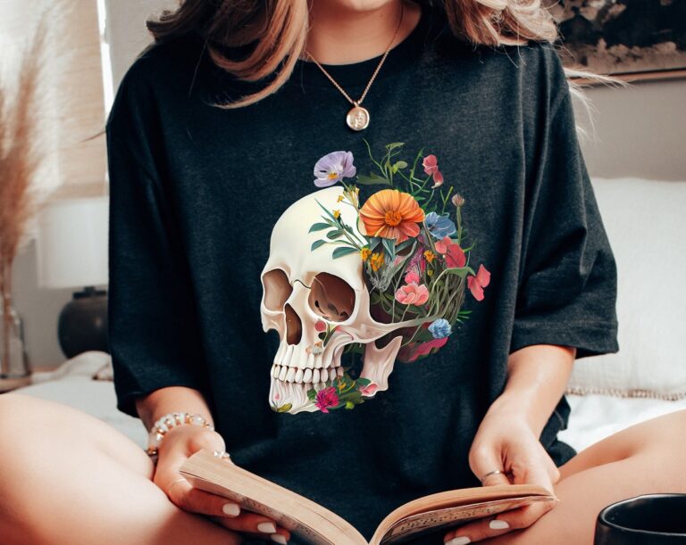 Anatomical Brain T-shirt, Women’s Floral Skull Nurse Shirt, Gothic Skeleton Design