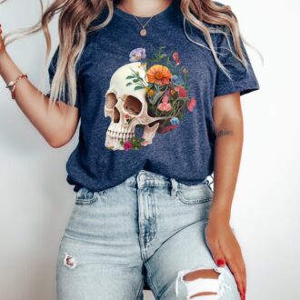 Anatomical Brain T shirt, Women's Floral Skull Nurse Shirt, Gothic Skeleton Design 1