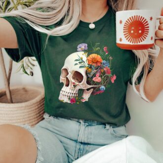 Anatomical Brain T shirt, Women's Floral Skull Nurse Shirt, Gothic Skeleton Design 2