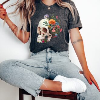 Anatomical Brain T shirt, Women's Floral Skull Nurse Shirt, Gothic Skeleton Design 3