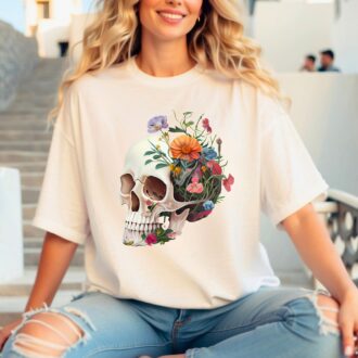 Anatomical Brain T shirt, Women's Floral Skull Nurse Shirt, Gothic Skeleton Design 4