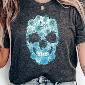 Blue Bloom Skull Shirt, Halloween Floral Skeleton T Shirt, Womens Fall Boho Graphic Tee 0