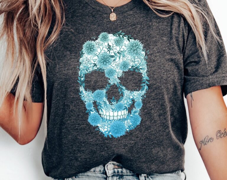 Blue Bloom Skull Shirt, Halloween Floral Skeleton T-Shirt, Womens Fall Boho Graphic Tee