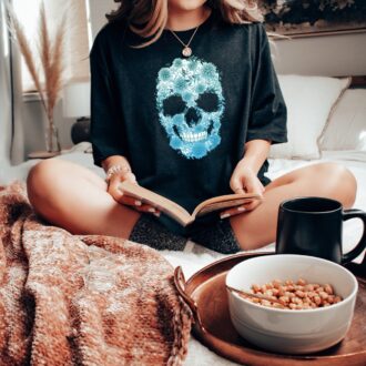 Blue Bloom Skull Shirt, Halloween Floral Skeleton T Shirt, Womens Fall Boho Graphic Tee 1