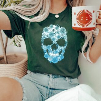 Blue Bloom Skull Shirt, Halloween Floral Skeleton T Shirt, Womens Fall Boho Graphic Tee 5