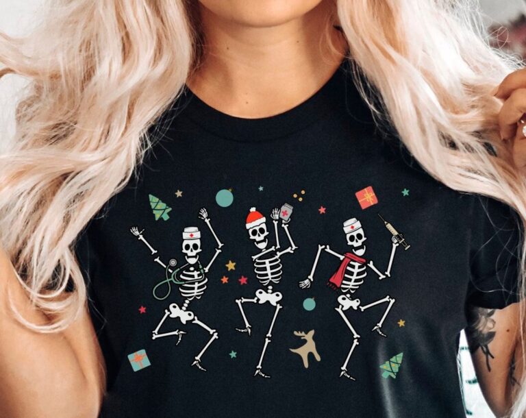 Christmas Santa Party Nurse Skeleton T-Shirt, Xmas Holiday Healthcare Sweatshirt