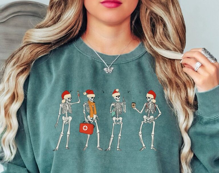 Funny Christmas Nurse Skeleton Sweatshirt, Healthcare Worker Gift, ER Nurse Xmas