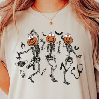 Funny Nurse Skeleton Dancing Halloween T shirt, Pumpkin Nurse Sweatshirt 0