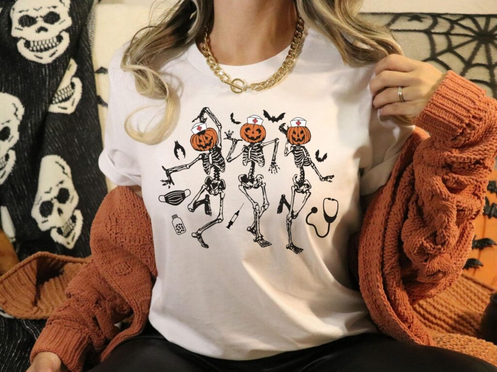 Funny Nurse Skeleton Dancing Halloween T-shirt, Pumpkin Nurse Sweatshirt