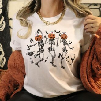 Funny Nurse Skeleton Dancing Halloween T shirt, Pumpkin Nurse Sweatshirt 2