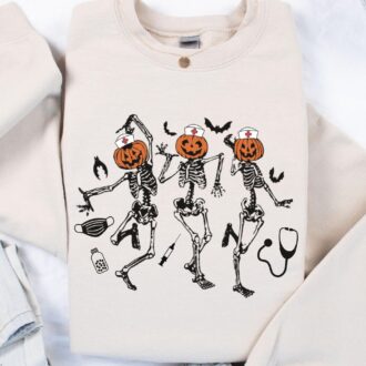 Funny Nurse Skeleton Dancing Halloween T shirt, Pumpkin Nurse Sweatshirt 4