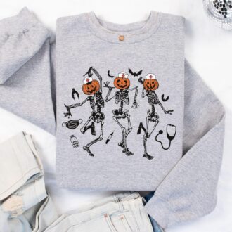Funny Nurse Skeleton Dancing Halloween T shirt, Pumpkin Nurse Sweatshirt 5