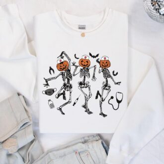 Funny Nurse Skeleton Dancing Halloween T shirt, Pumpkin Nurse Sweatshirt 6