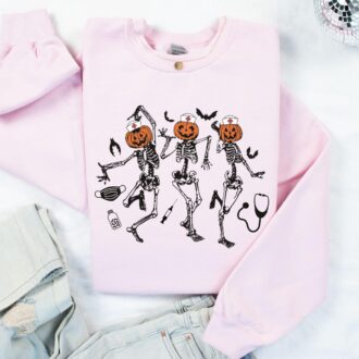 Funny Nurse Skeleton Dancing Halloween T shirt, Pumpkin Nurse Sweatshirt 7