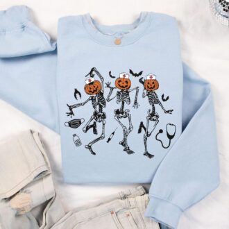 Funny Nurse Skeleton Dancing Halloween T shirt, Pumpkin Nurse Sweatshirt 8