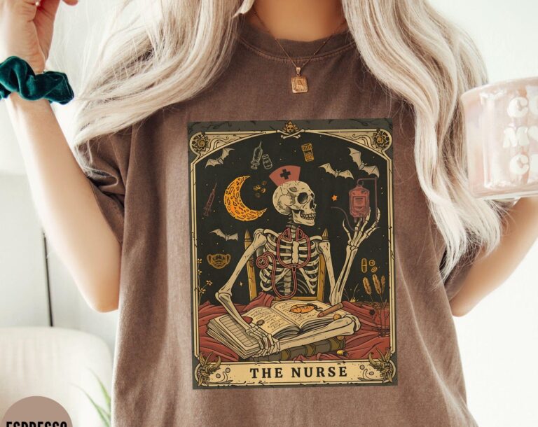 Funny Skeleton Nurse T-Shirt for Graduation, Halloween Nurse Gift, Tarot Card Design