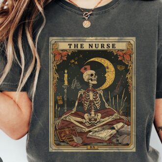 Funny Skeleton Nurse T Shirt for Graduation, Halloween Nurse Gift, Tarot Card Design 3