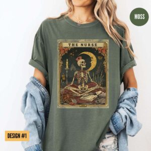 Funny Skeleton Nurse T-Shirt for Graduation, Halloween Nurse Gift, Tarot Card Design