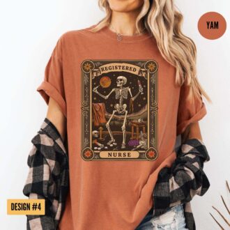 Funny Skeleton Nurse T Shirt for Graduation, Halloween Nurse Gift, Tarot Card Design 6