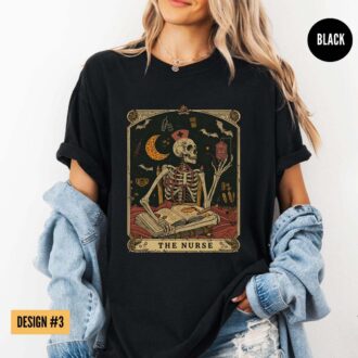 Funny Skeleton Nurse T Shirt for Graduation, Halloween Nurse Gift, Tarot Card Design 7