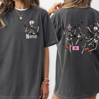 Personalized Nurse Skeleton Shirt, Spooky Pumpkin, Funny Nurse Tee, Skeleton Dance 0