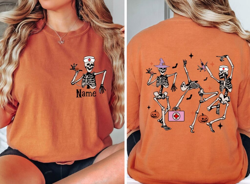 Personalized Nurse Skeleton Shirt, Spooky Pumpkin, Funny Nurse Tee, Skeleton Dance