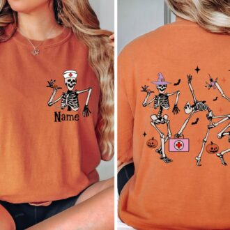 Personalized Nurse Skeleton Shirt, Spooky Pumpkin, Funny Nurse Tee, Skeleton Dance 1