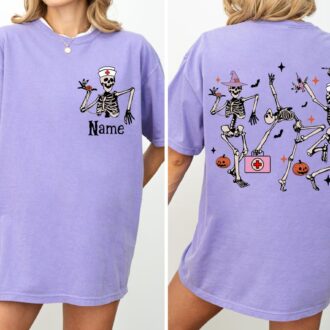 Personalized Nurse Skeleton Shirt, Spooky Pumpkin, Funny Nurse Tee, Skeleton Dance 2