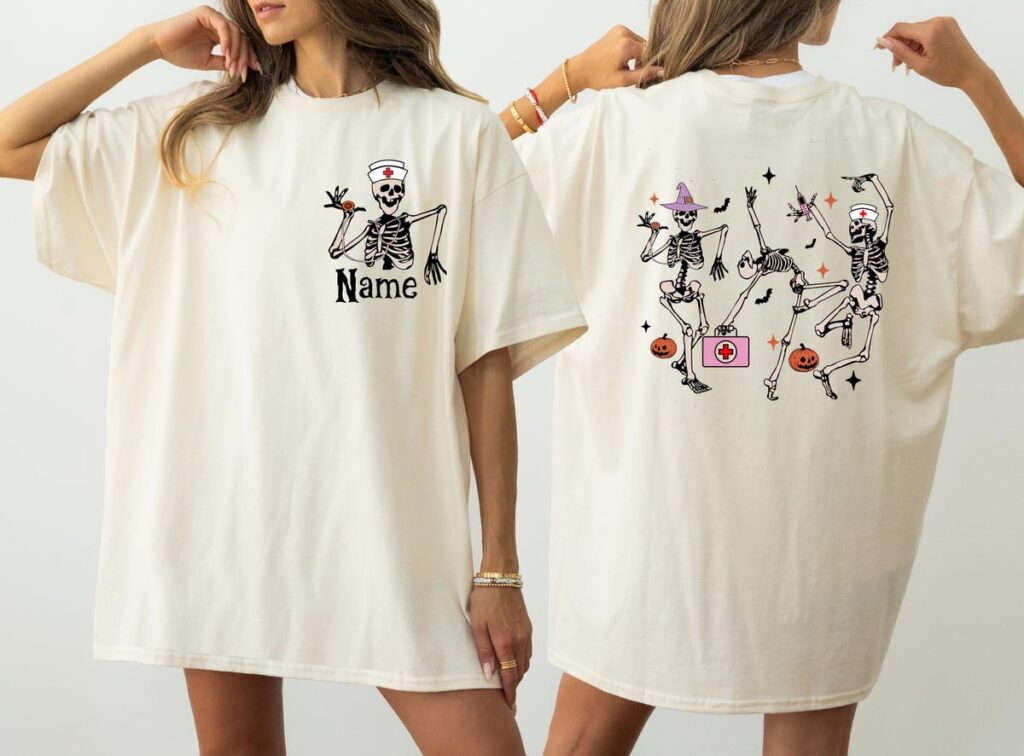 Personalized Nurse Skeleton Shirt, Spooky Pumpkin, Funny Nurse Tee, Skeleton Dance