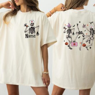 Personalized Nurse Skeleton Shirt, Spooky Pumpkin, Funny Nurse Tee, Skeleton Dance 3