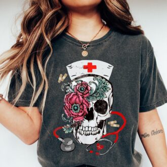 Rose Skull Nurse Halloween Shirt, Nursing T shirt, Nurse Work Shirt, Gift For Nurse 0