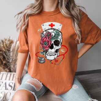 Rose Skull Nurse Halloween Shirt, Nursing T shirt, Nurse Work Shirt, Gift For Nurse 1