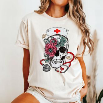 Rose Skull Nurse Halloween Shirt, Nursing T shirt, Nurse Work Shirt, Gift For Nurse 2