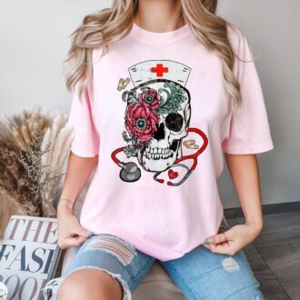 Rose Skull Nurse Halloween Shirt, Nursing T shirt, Nurse Work Shirt, Gift For Nurse 3