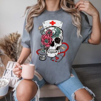 Rose Skull Nurse Halloween Shirt, Nursing T shirt, Nurse Work Shirt, Gift For Nurse 4