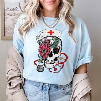 Rose Skull Nurse Halloween Shirt, Nursing T shirt, Nurse Work Shirt, Gift For Nurse 5