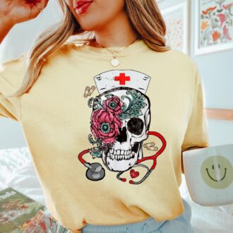 Rose Skull Nurse Halloween Shirt, Nursing T shirt, Nurse Work Shirt, Gift For Nurse 6