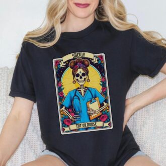 Custom Nurse Tarot Card Shirt, Spooky Skeleton Witch Crew Tee for RNs, ER, Pediatric