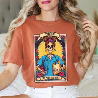 Custom Nurse Tarot Card Shirt, Spooky Skeleton Witch Crew Tee for RNs, ER, Pediatric