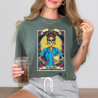 Custom Nurse Tarot Card Shirt, Spooky Skeleton Witch Crew Tee for RNs, ER, Pediatric