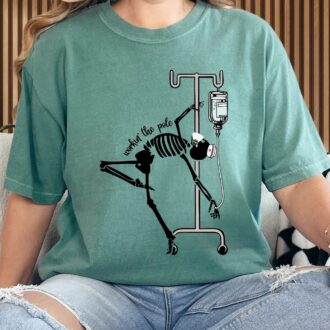 Funny Skeleton Nurse Halloween Shirt, Workin The Pole, Night Shift Nurse Gifts
