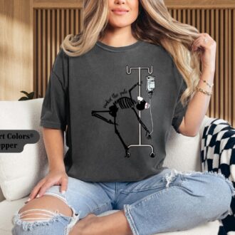Funny Skeleton Nurse Halloween Shirt, Workin The Pole, Night Shift Nurse Gifts