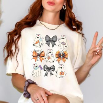 Halloween Nurse Shirt, Custom Ghost & Bows Design for ER, NICU, RN, Oncology