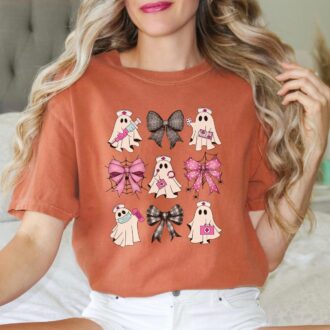 Halloween Nurse Shirt, Custom Ghost & Bows Design for ER, NICU, RN, Oncology