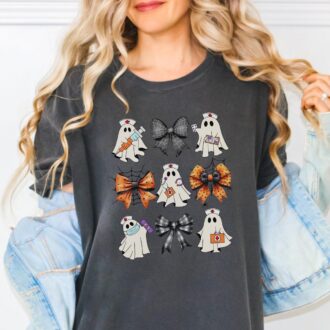Halloween Nurse Shirt, Custom Ghost & Bows Design for ER, NICU, RN, Oncology