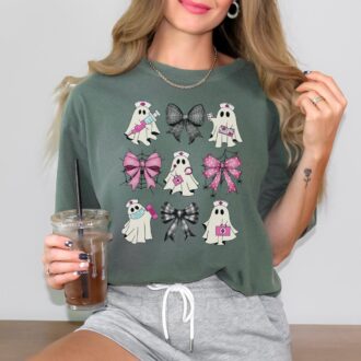 Halloween Nurse Shirt, Custom Ghost & Bows Design for ER, NICU, RN, Oncology