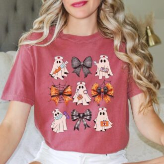 Halloween Nurse Shirt, Custom Ghost & Bows Design for ER, NICU, RN, Oncology